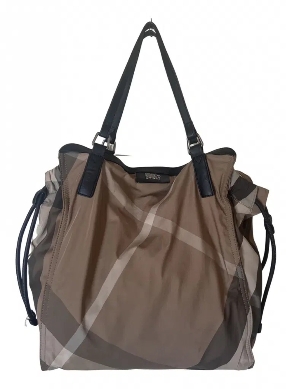 Vintage Burberry Tan Check Nylon Tote Bag with Black Leather Handles